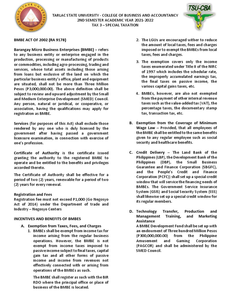 BMBE Act: Tax Benefits and Registration | PDF | Taxes | Welfare
