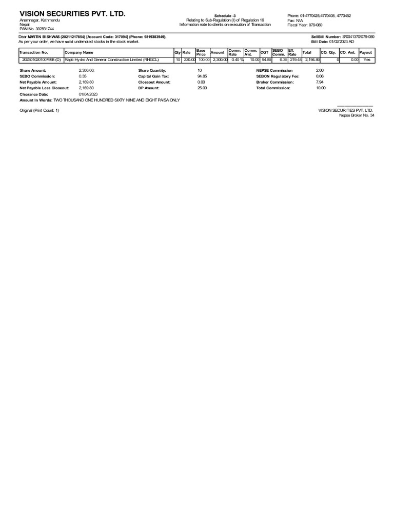 Stock Sale Confirmation - Rapti Hydro | PDF | Securities (Finance ...