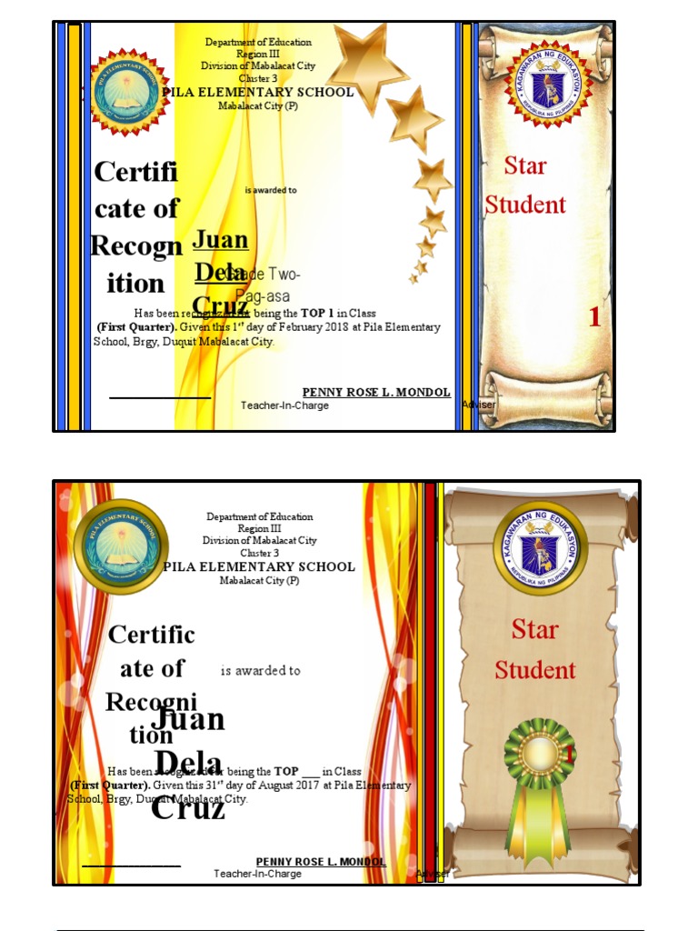 Certificate of Recognition for Top Student | PDF