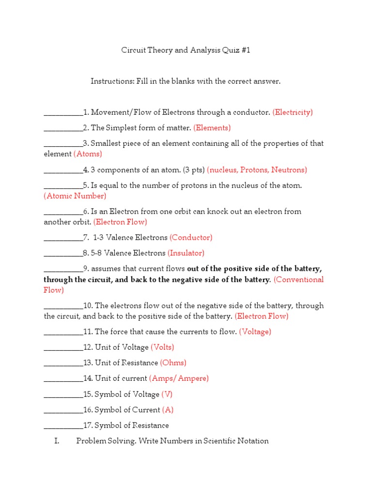 Circuit Theory and Analysis Quiz #1 (Answer Key) | PDF | Teaching ...