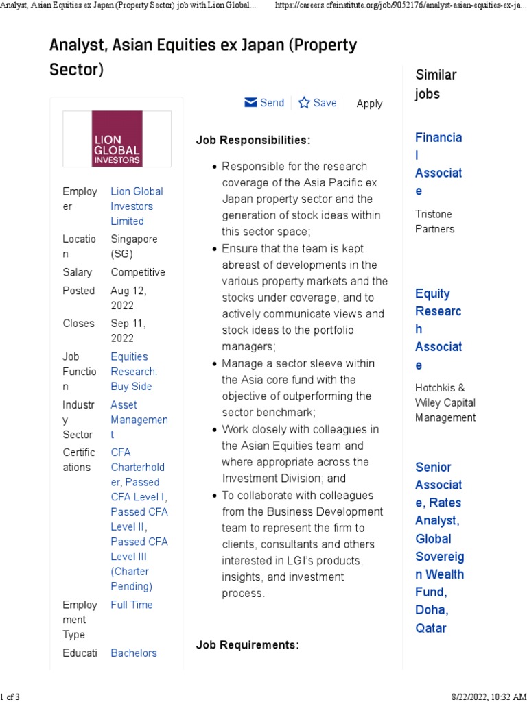 Analyst, Asian Equities Ex Japan (Property Sector) Job With Lion Global ...