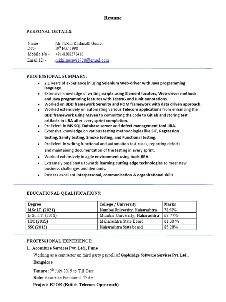 Resume for Automation Tester with 2+ years experience | PDF | Software ...