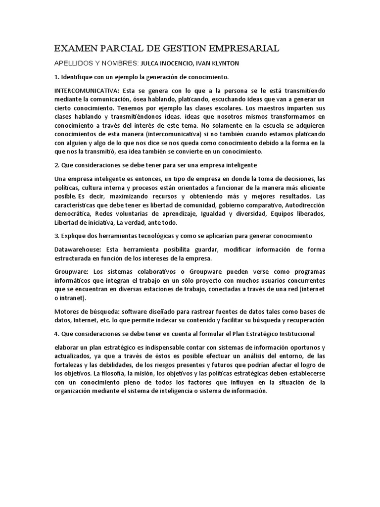 Examen Parcial de Gestion Empresarial | PDF | Planificación estratégica ...