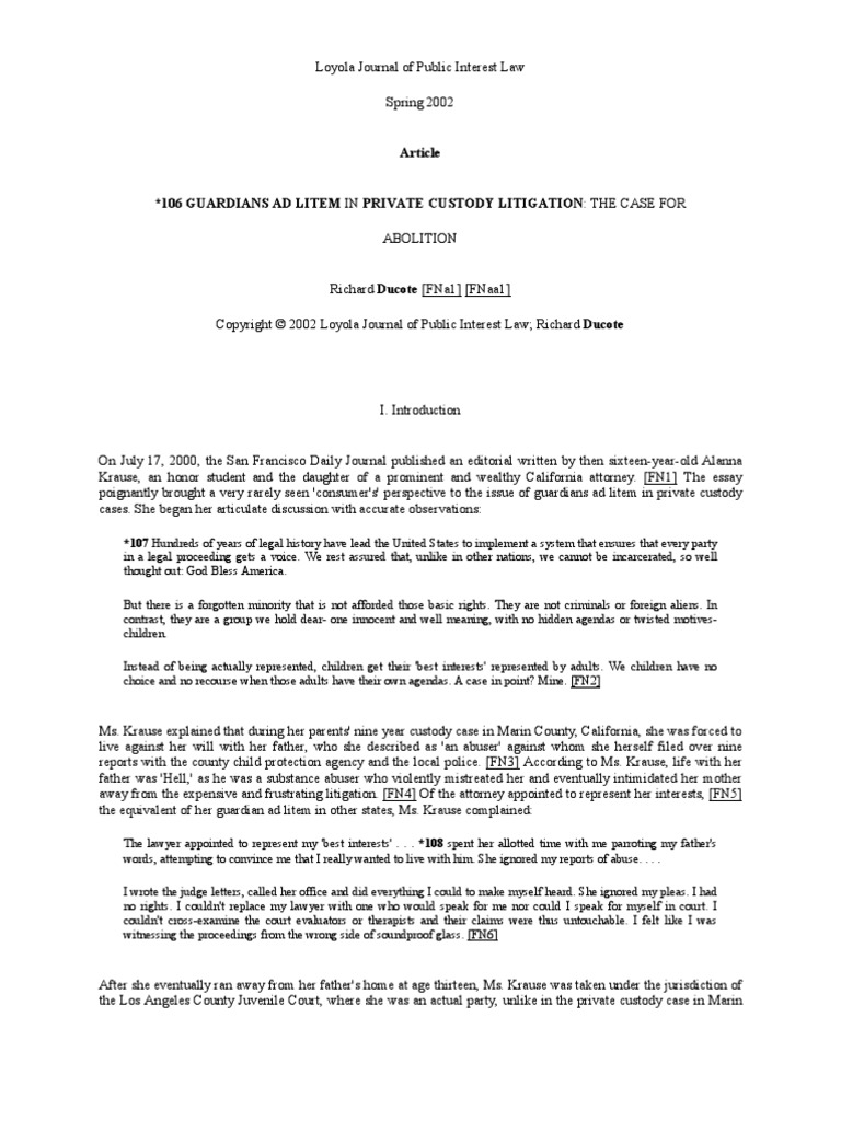 Guardians Ad Litem in Private Custody Litigation The Case For