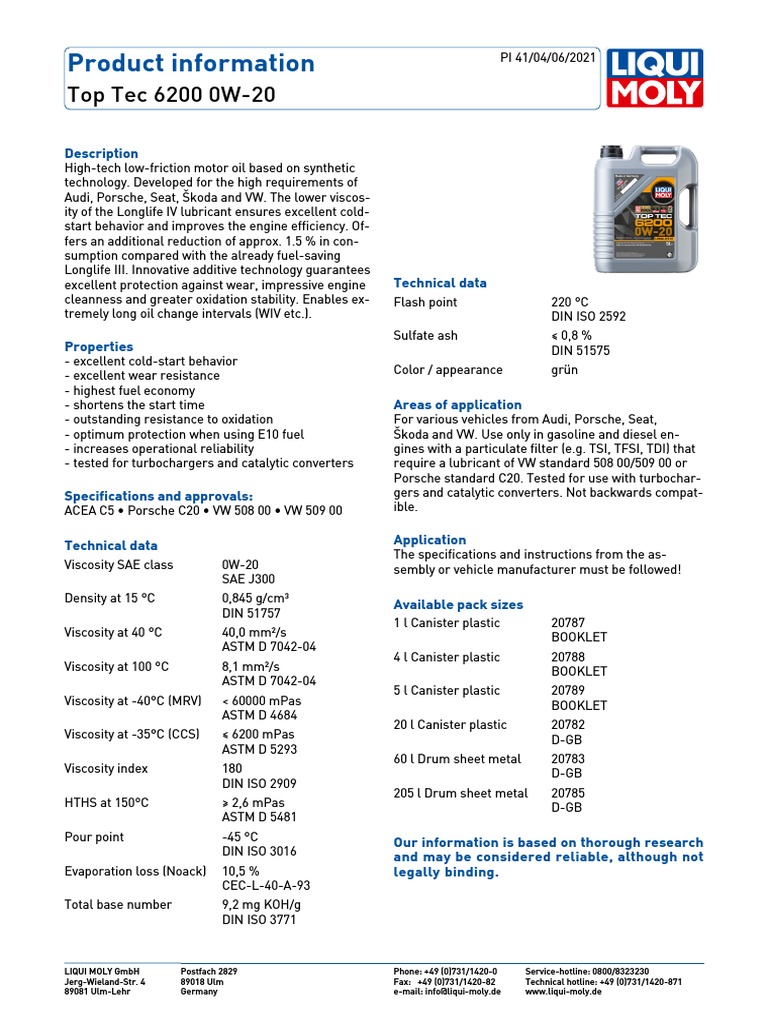 PDS Top Tec 6200 0W20 PDF Motor Oil Chemistry