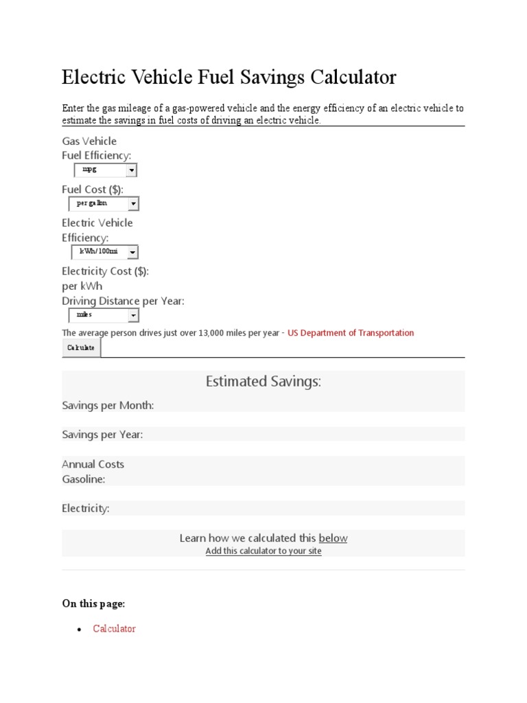 Electric Vehicle Fuel Savings Calculator PDF