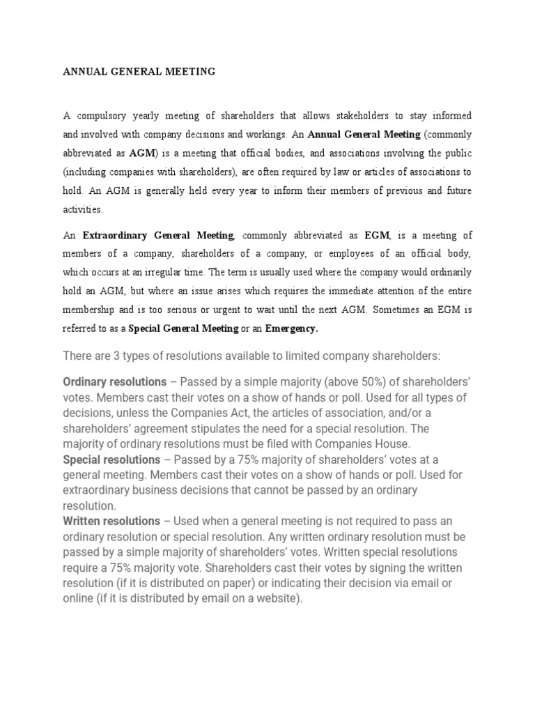 AGM and EGM: Annual and Extraordinary Shareholder Meetings | PDF ...
