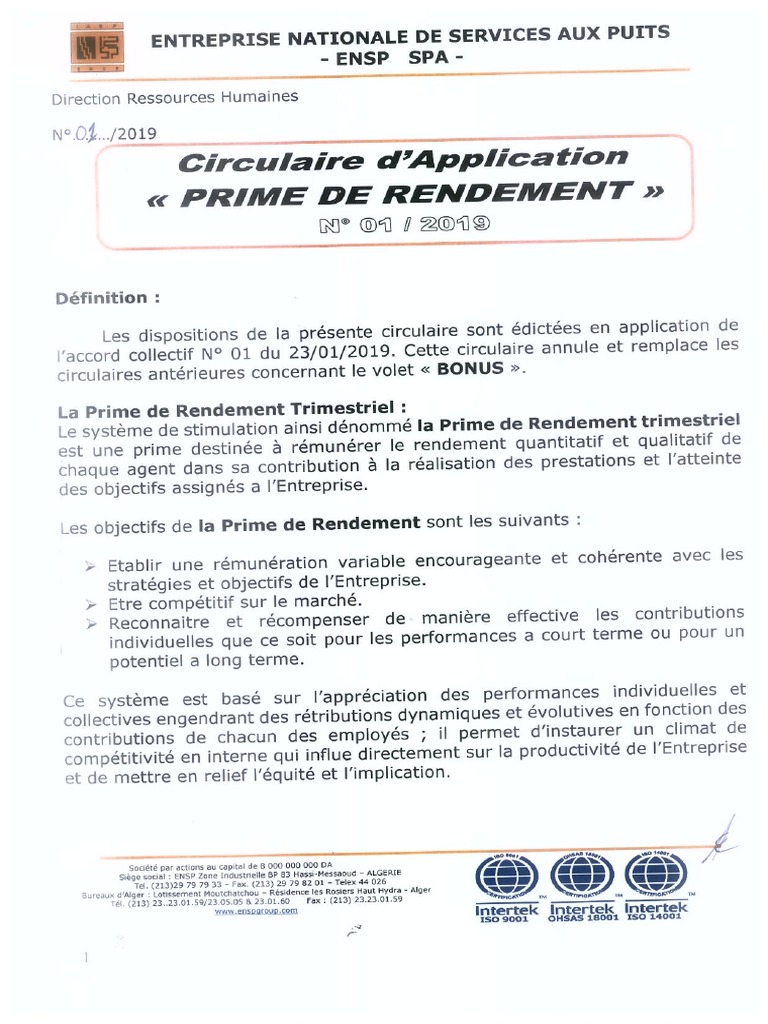 Circulaire D'application N 01 - 2019 Prime de Rendement | PDF