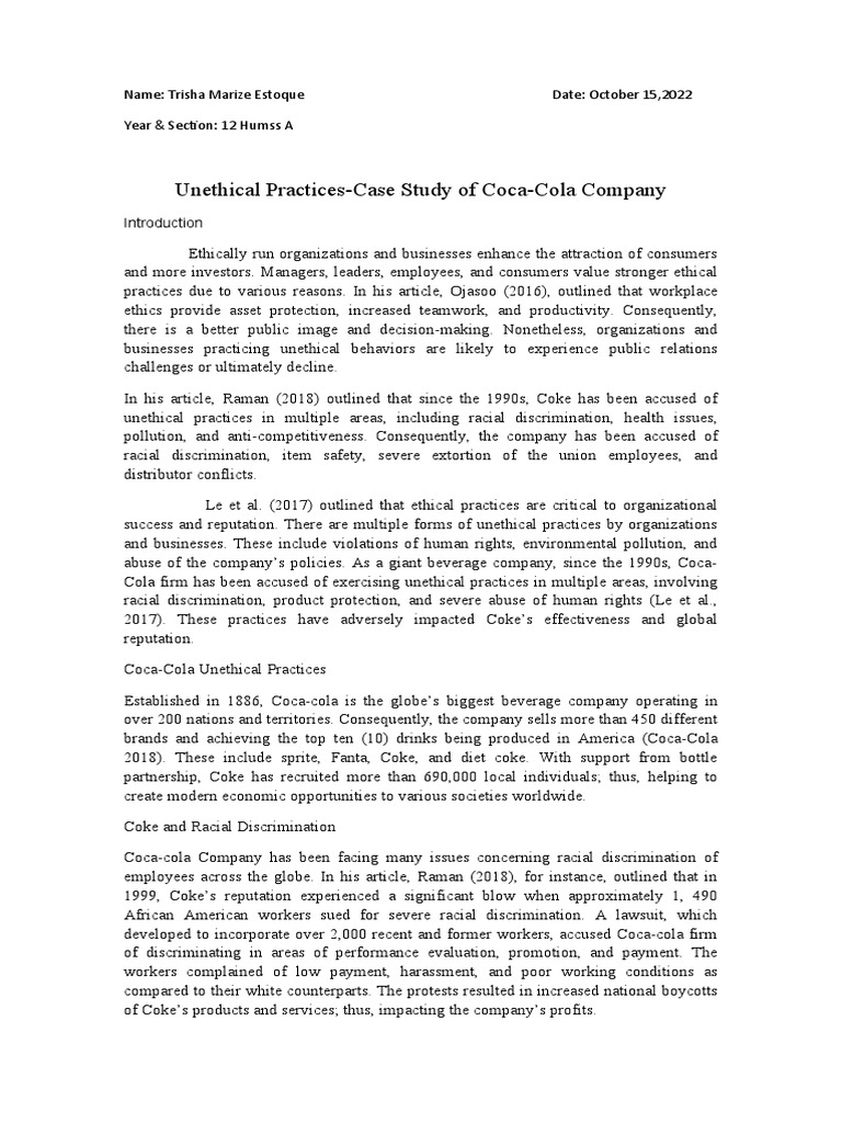 CocaCola's Practices Analysis PDF The Coca Cola Company