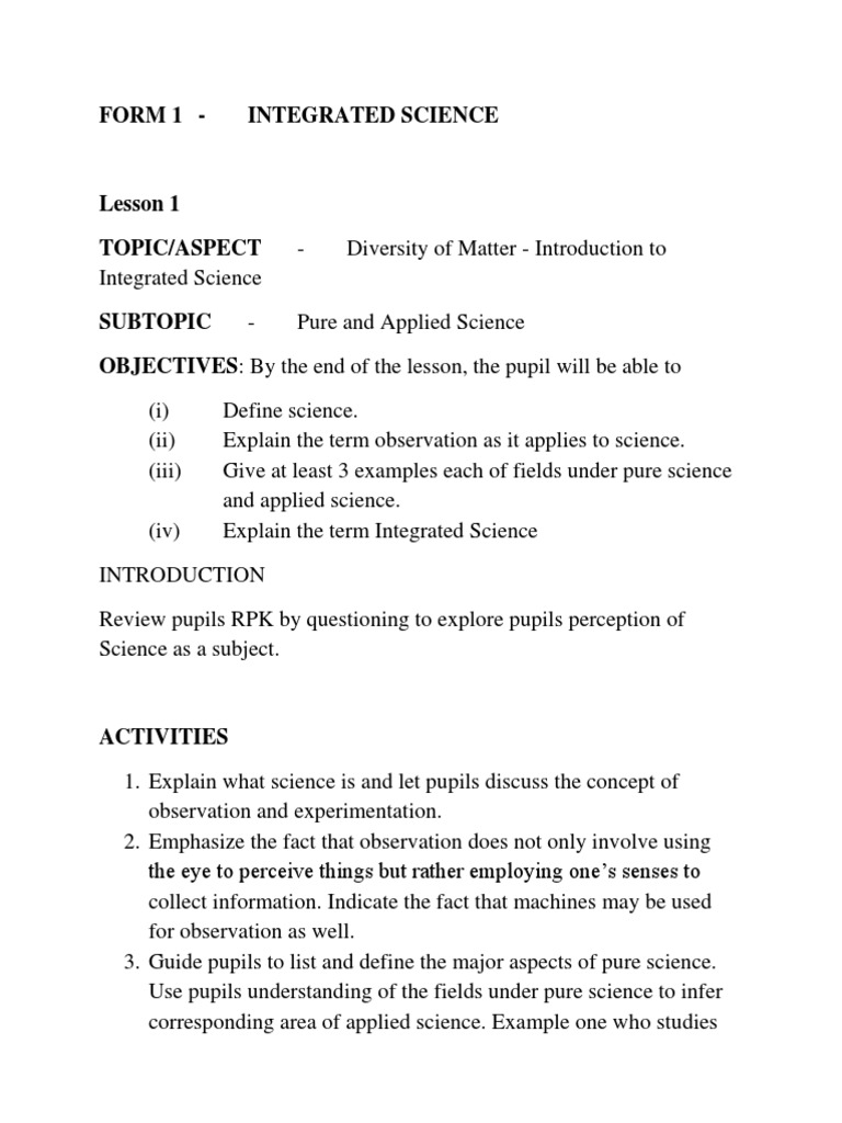 Full Sugested Lesson Plan on Introduction to Integrated Science Form 1 ...
