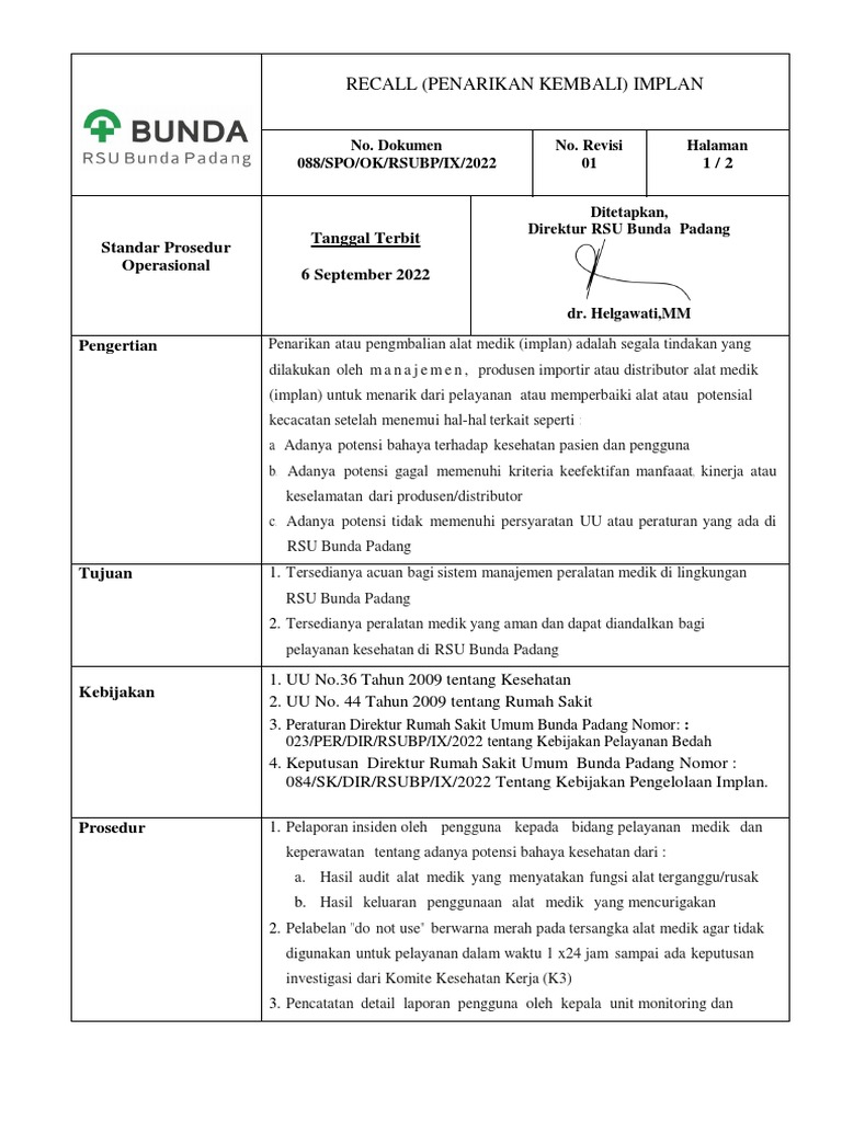 Sop Recall Implan | PDF