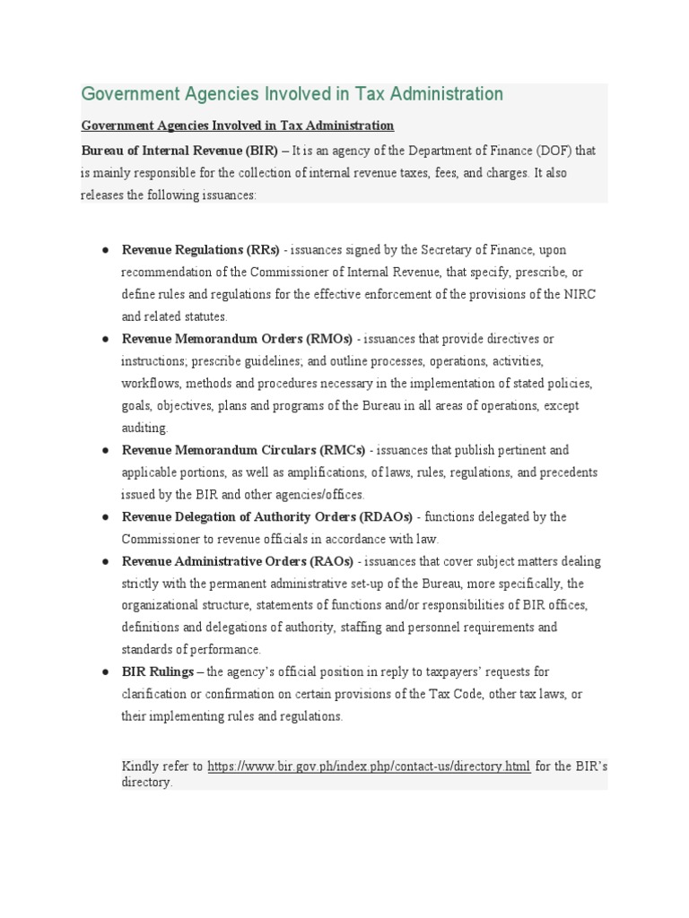 Philippine Tax Administration Agencies | PDF | Internal Revenue Service ...