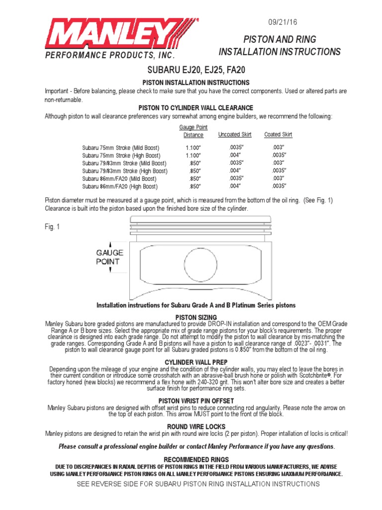Subaru Manley Piston and Ring Installation PDF Piston Turbocharger
