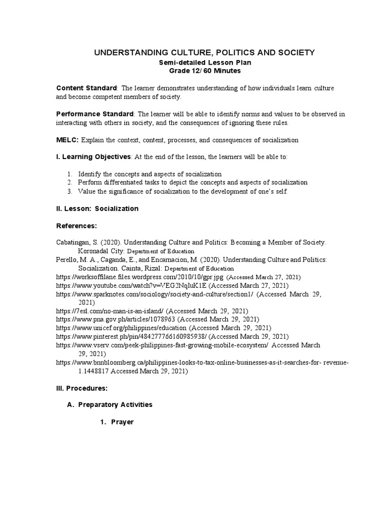 Ucsp Lesson Plan Compress Pdf Socialization Learning