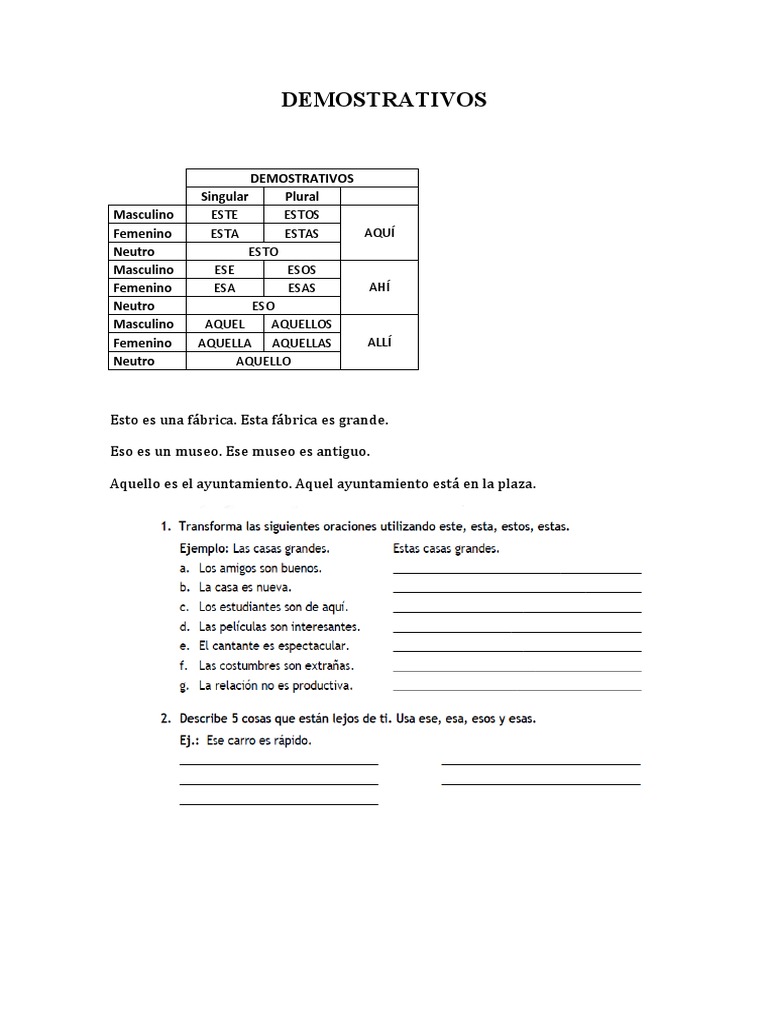 Ejercicios sobre Demostrativos en Español | PDF | Artes del Lenguaje y ...
