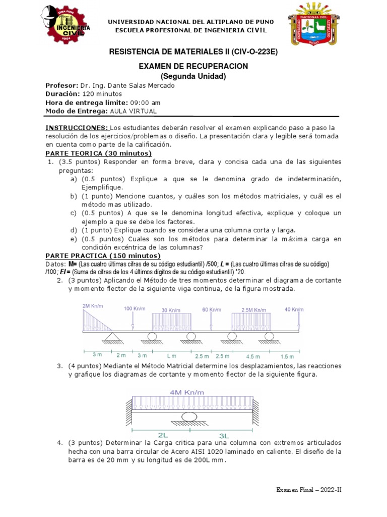 Resistencia de Materiales II 2022 II Recuperación PDF Resistencia