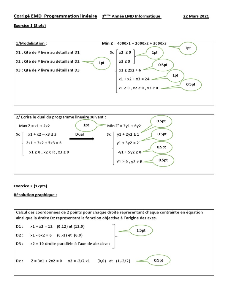 Programmation linéaire : Exercice corrigé EMD | PDF | Algèbre linéaire ...