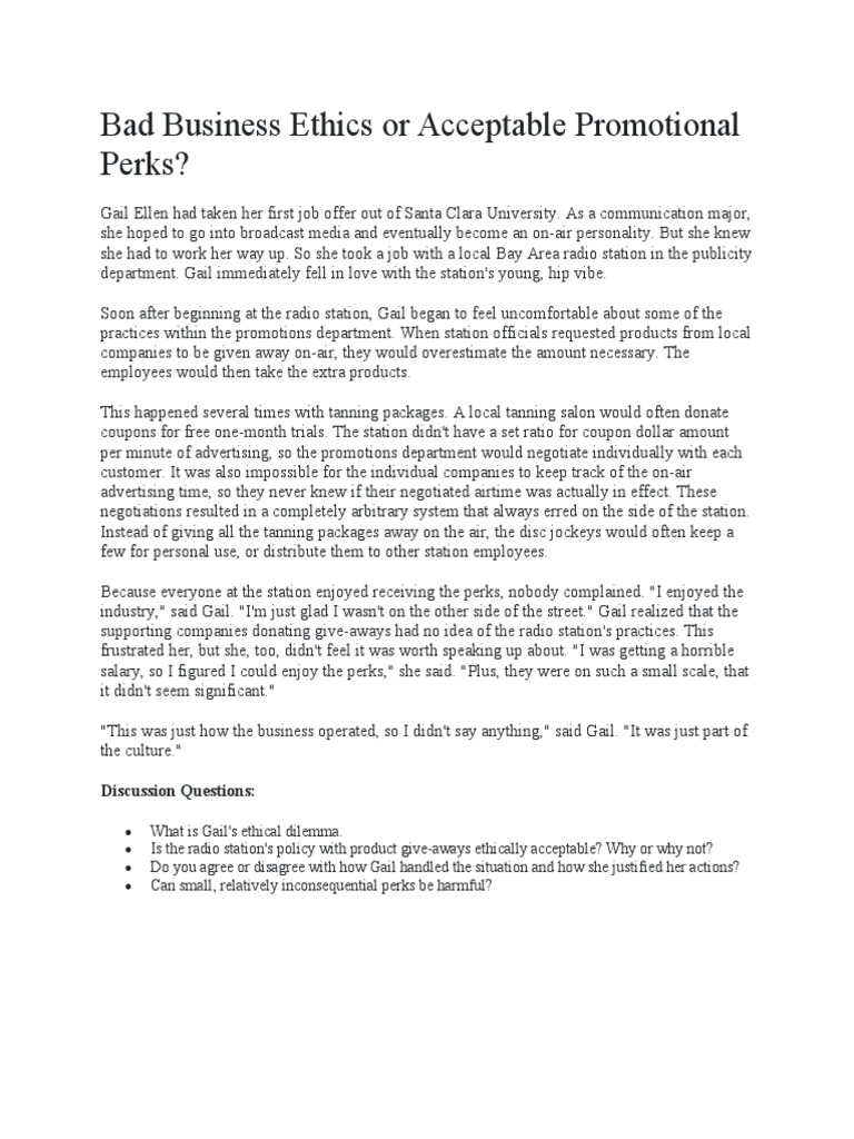 A CAse Study Bad Business Ethics or Acceptable Promotional Perks PDF