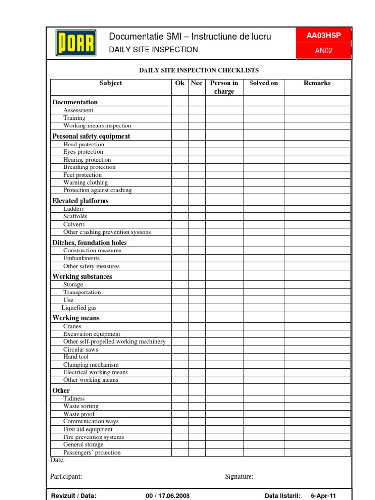 Daily Site Inspection Checklist Guide | PDF | Business | Law