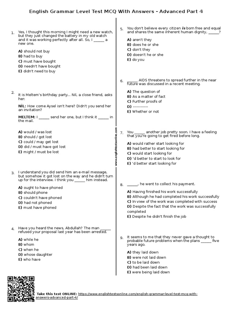616 English Grammar Level Test Mcq With Answers Advanced Part 4 Pdf