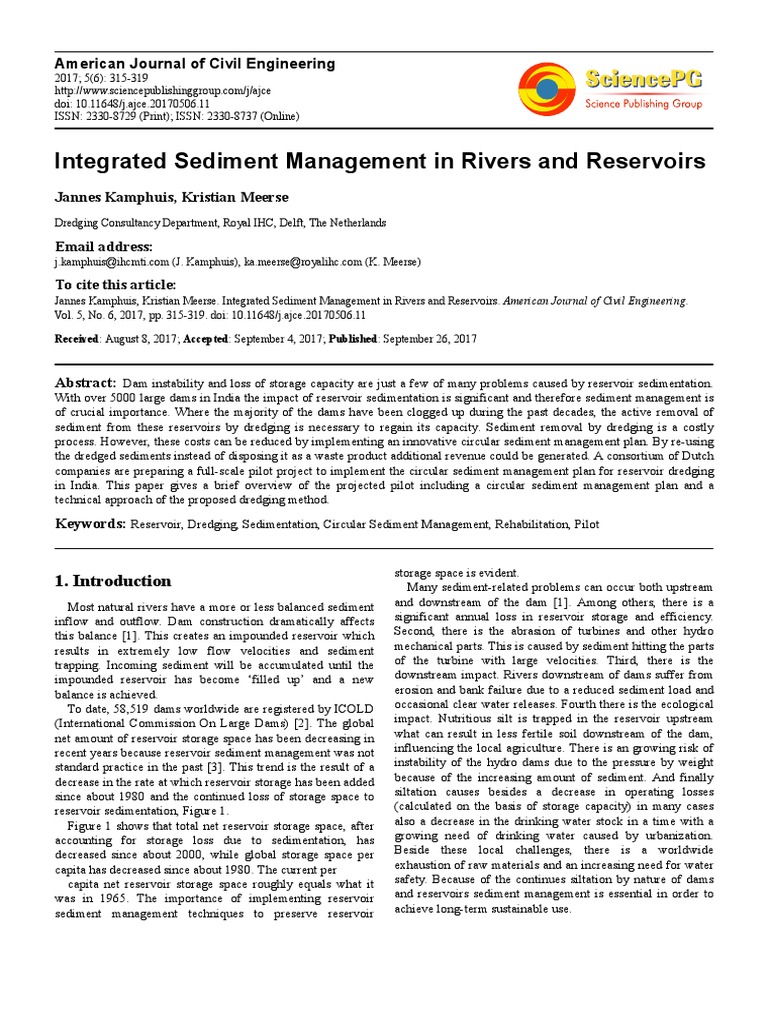 Paper Integrated Sediment Management in Reservoirs PDF Dam Dredging