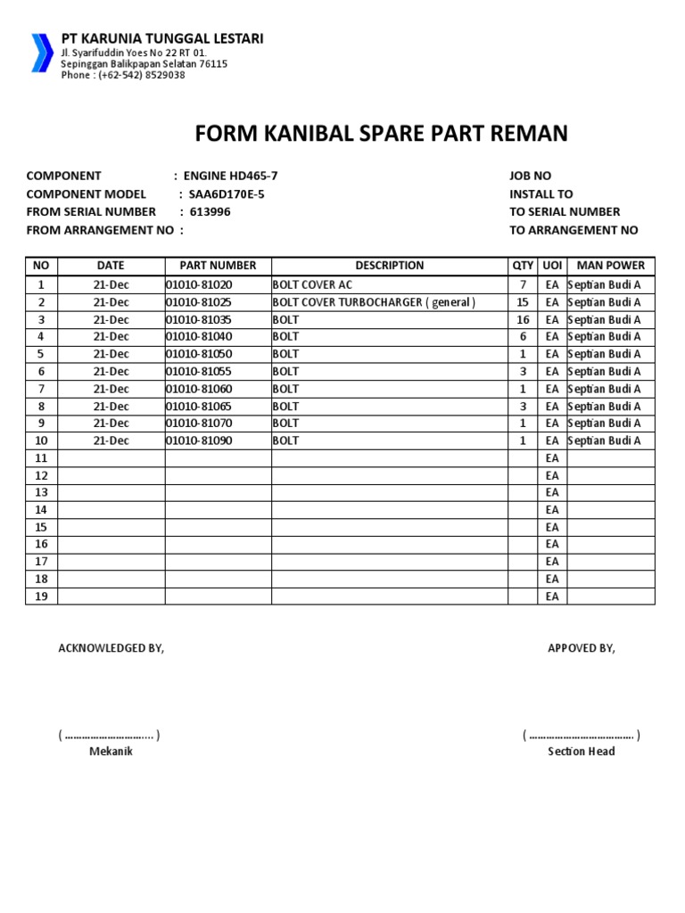 Remanufacturing Parts List And Labor Tracking For Engine Hd465 7 Pdf
