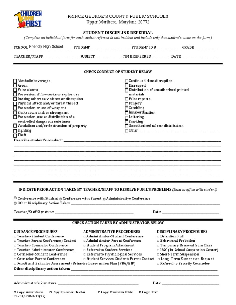 PS-74 Student Discipline Referral Form | PDF