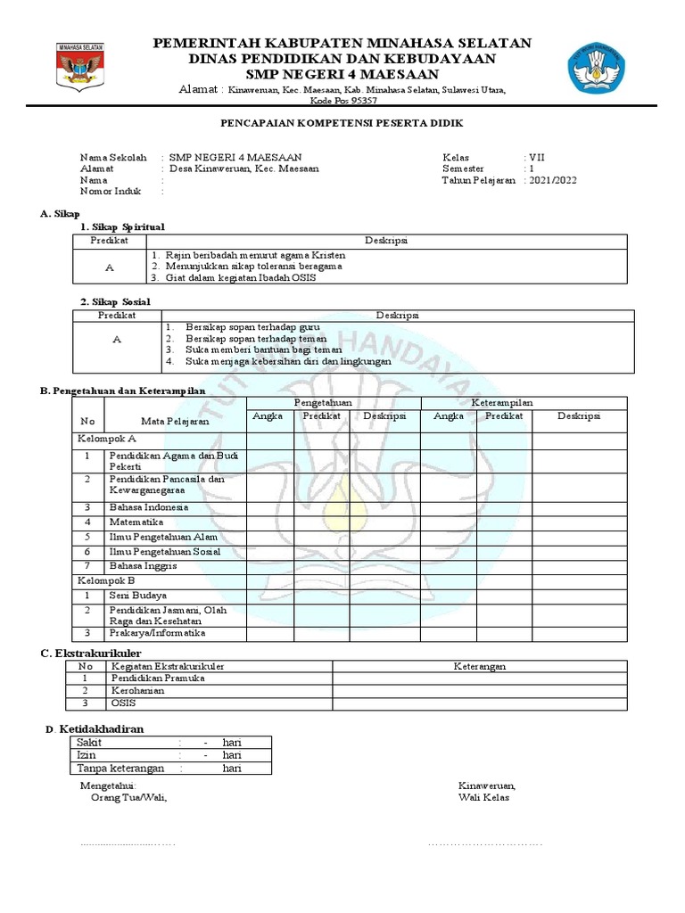 Contoh Rapor SMP Kelas VII 2021/2022 | PDF