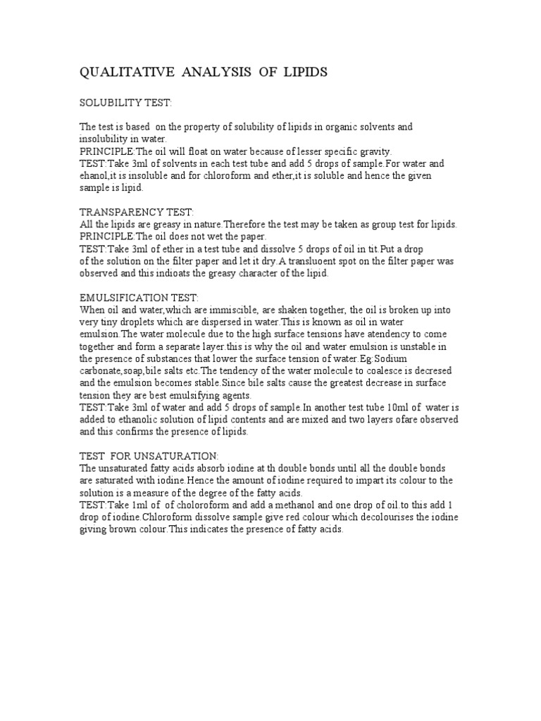 Qualtative Analysis of Lipids PDF Solubility Emulsion