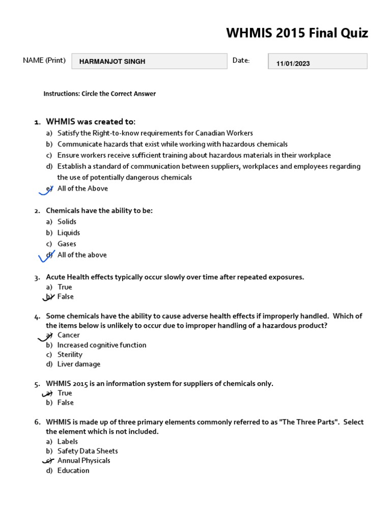 DOCUMENT 2 - WHMIS 2015 Final Quiz | PDF | Dangerous Goods | Labor ...