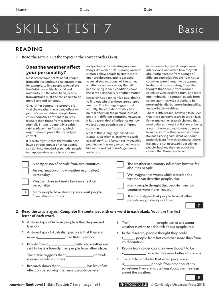 Amthink L3 Skills Test Basic Unit 07 PDF Stereotypes Cognition