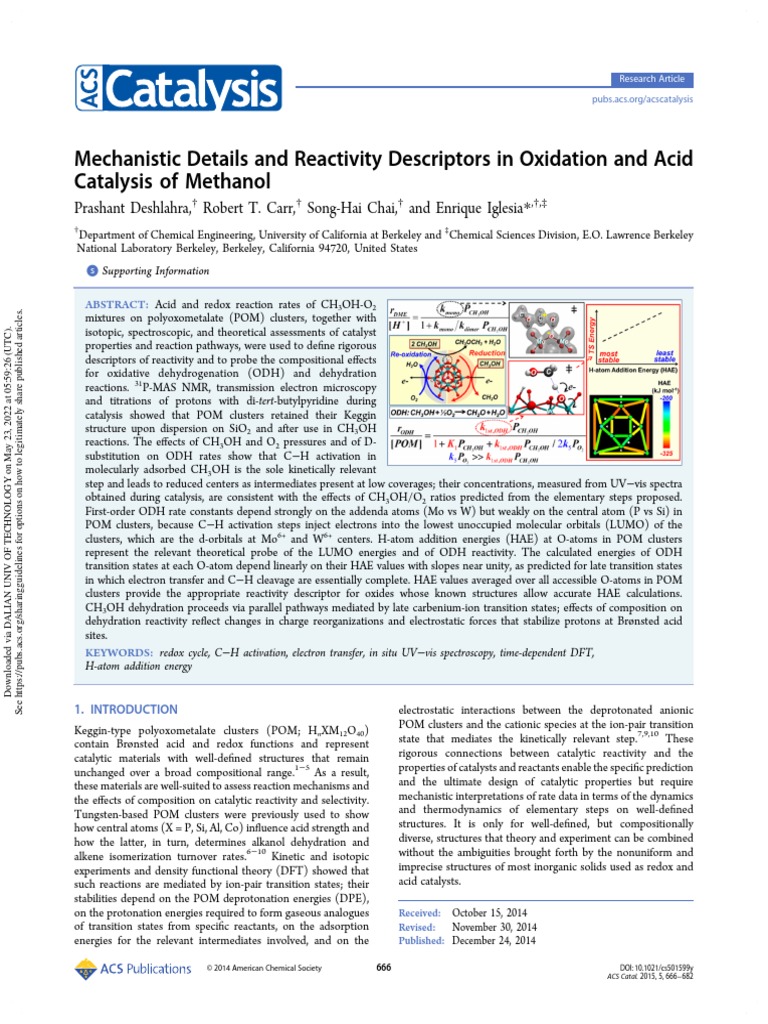 ACS Catalysis - 2015 - Mechanistic Details and Reactivity Descriptors in  Oxidation and Acid Catalysis of Methanol, PDF, Chemical Reactions