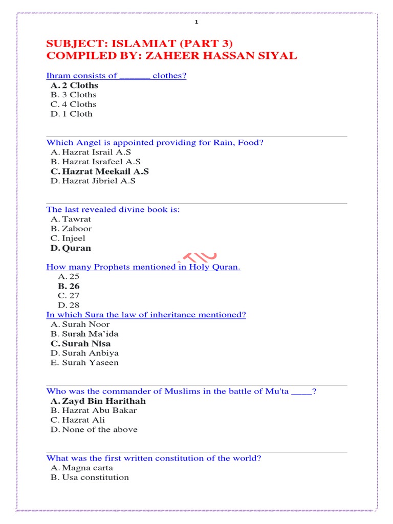 Islamic Quiz Questions and Answers | PDF | Muhammad | Surah