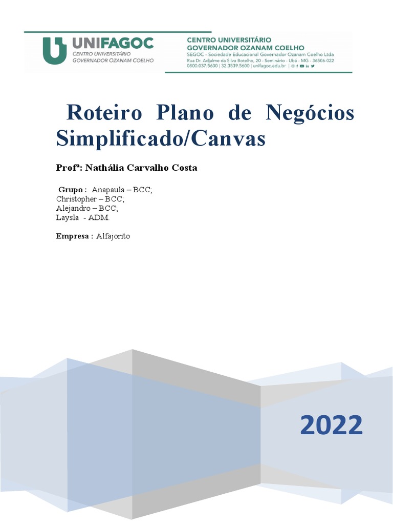 Roteiro Plano De Negócios Simplificado Canvas Prof Nathália Carvalho
