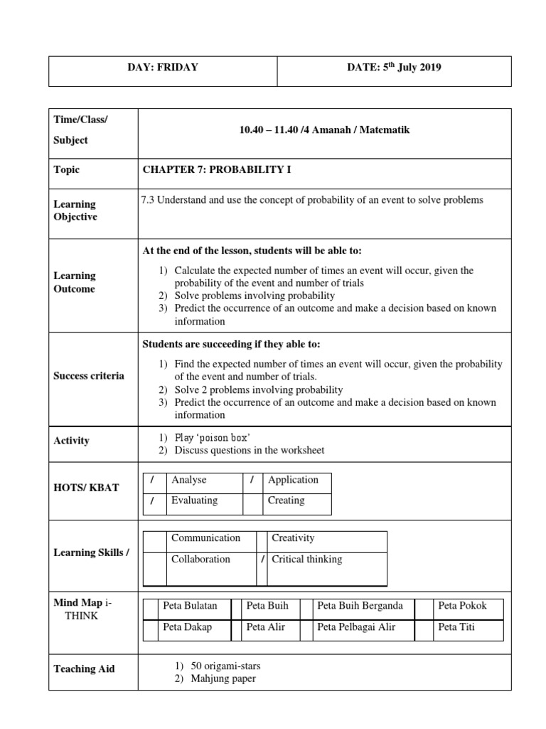 Probability Lesson Plan for Students | PDF
