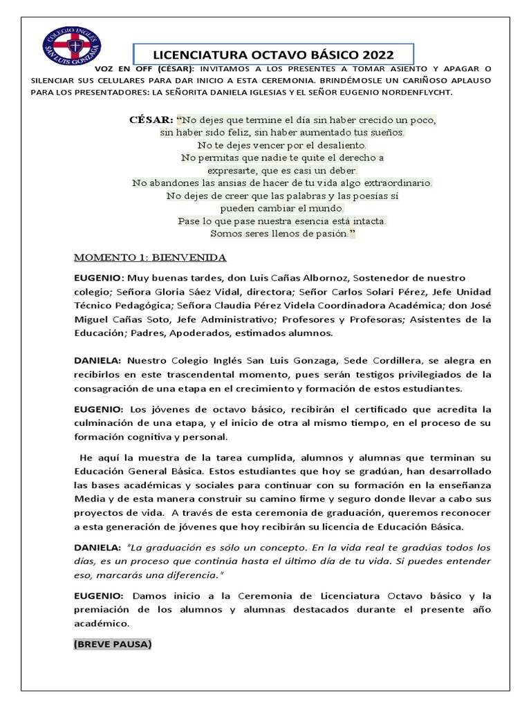 Ceremonia de Graduación Octavo Básico | PDF | Oración | Maestros