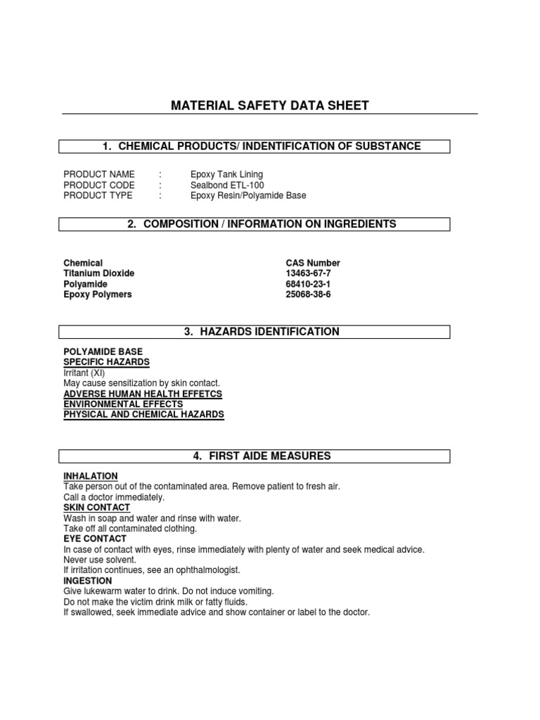 Sealbond ETL100 Epoxy Tank Liningmsds PDF Dangerous Goods Water