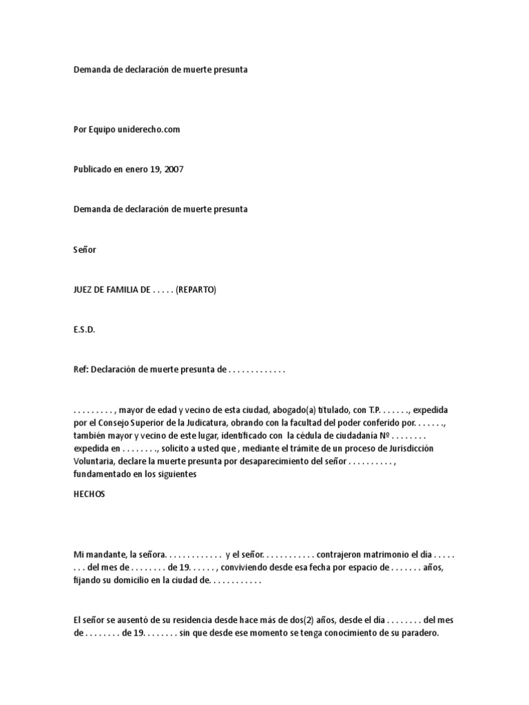 Modelo Demanda Declaracion Muerte Presunta | PDF