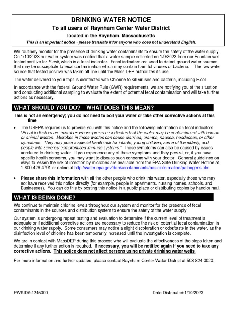 Raynham Center Water District E. Coli Drinking Water Notice, Jan. 10, 2023 PDF Drinking