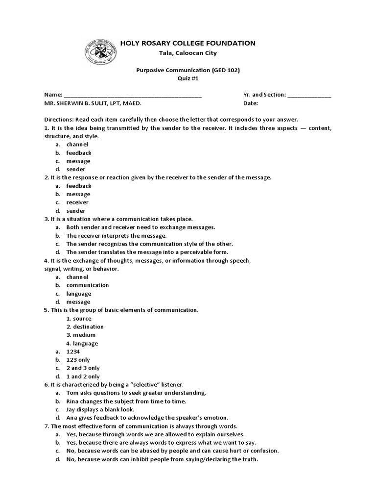 Purposive Communication Quiz 1 PDF Communication Psychological