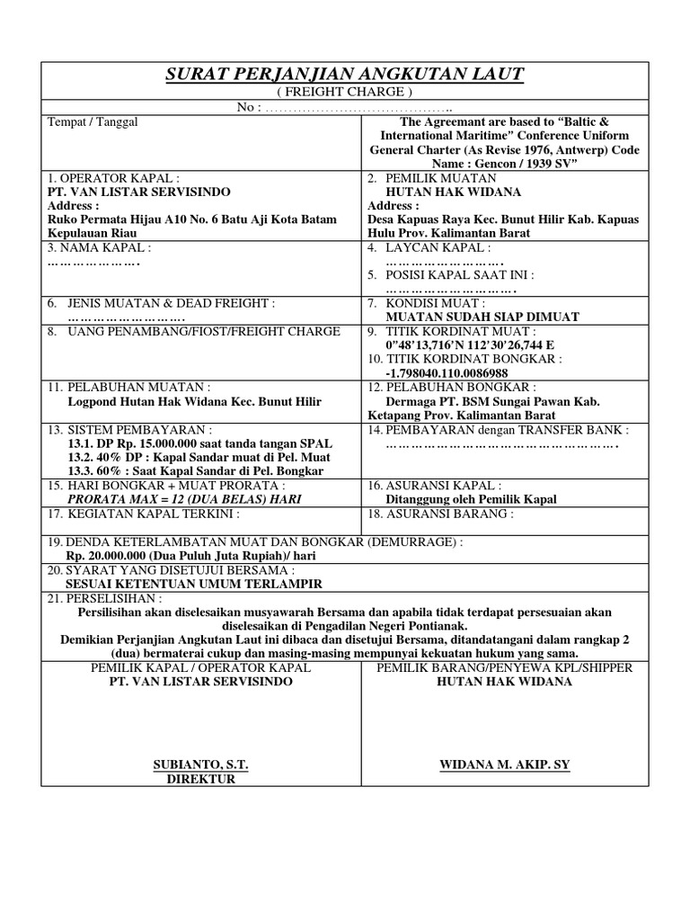 Surat Perjanjian Angkutan Laut: (Freight Charge) No: . | PDF