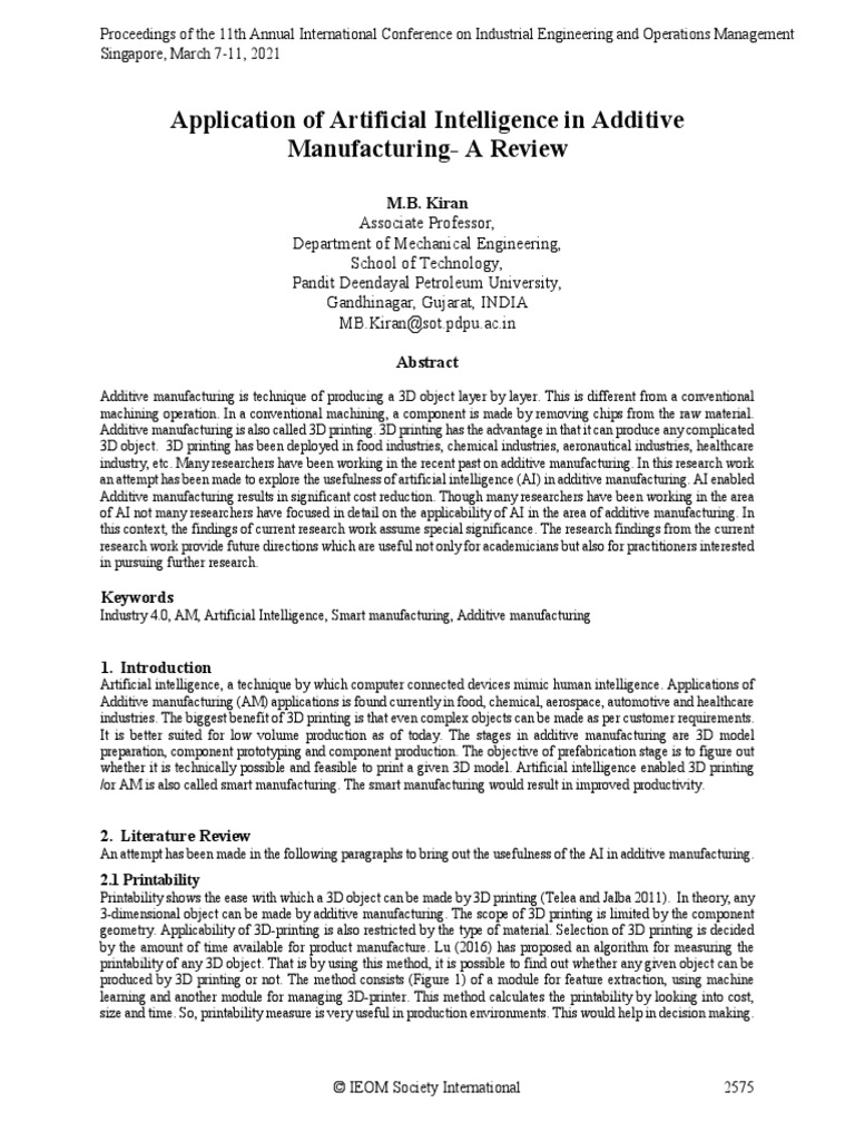 Application of Artificial Intelligence in Additive Manufacturing-A ...