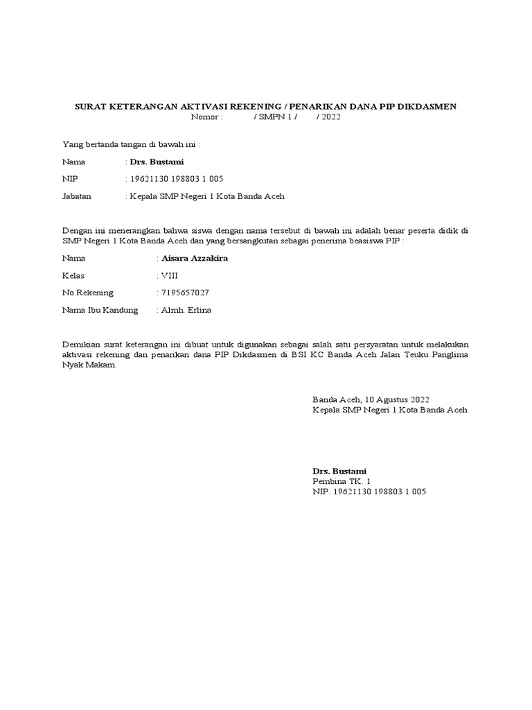 Surat Keterangan Aktivasi Rekening Pip 2022 333 Pdf