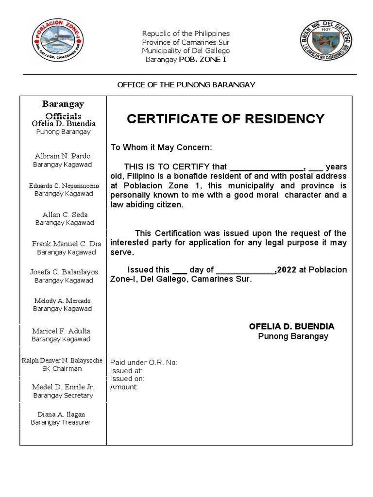 Barangay Certificate of Residency Sample | PDF