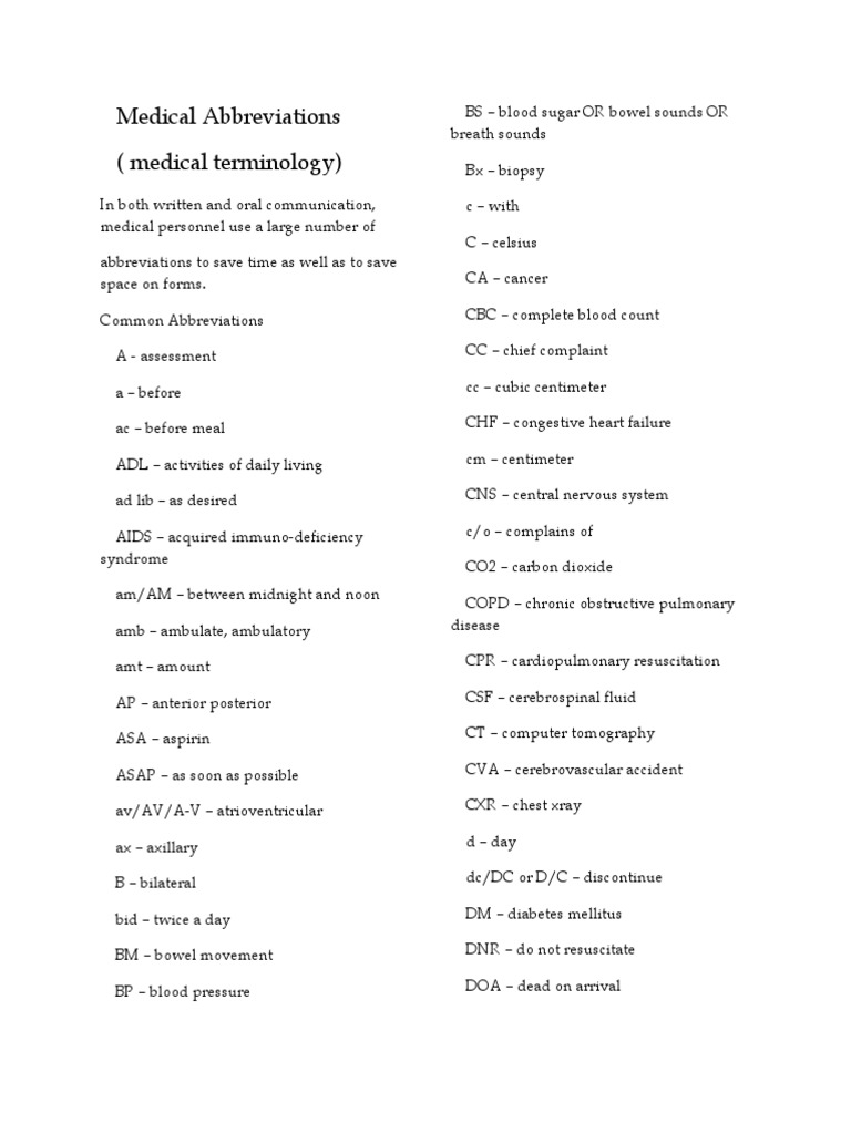 Medical Abbreviations PDF Health Sciences Causes Of Death
