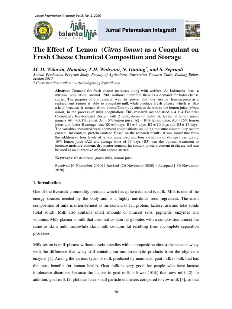 The Effect of Lemon (Citrus Limon) As A Coagulant On Fresh Cheese