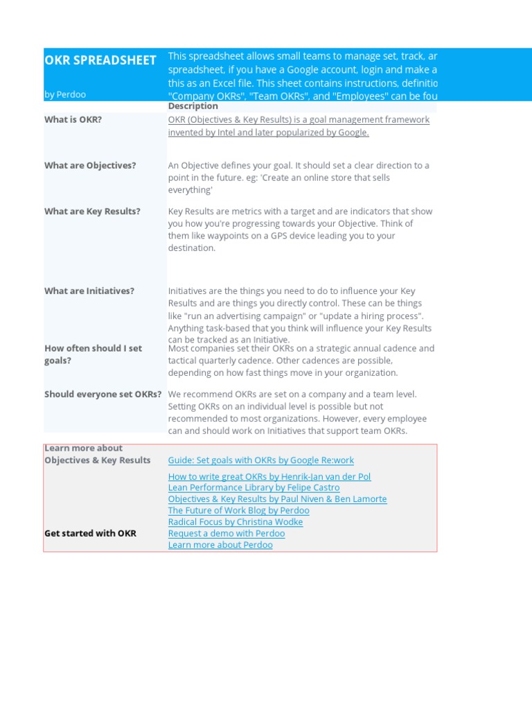OKR Management Spreadsheet Guide | PDF | Spreadsheet | Business