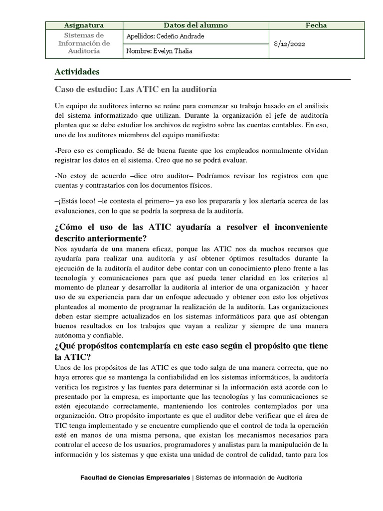 Tema Caso de Estudio Las ATIC en La Auditoría | PDF | Auditoría ...
