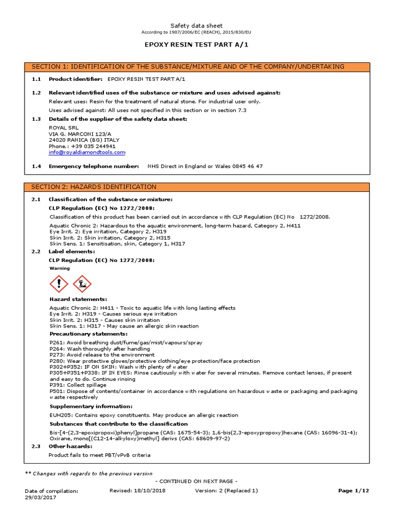 En Epoxy Resin Test Part A 1 PDF Toxicity Dangerous Goods