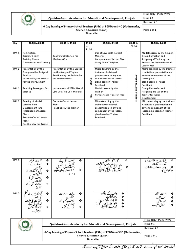PEIMA Time table for PSTs PDF Lesson Plan Science